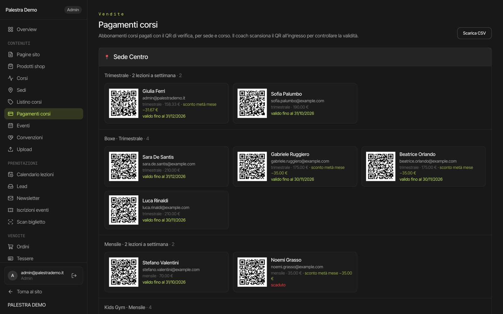 مدفوعات الحصص موزعة حسب الفرع، مع رمز QR لكل مشترك